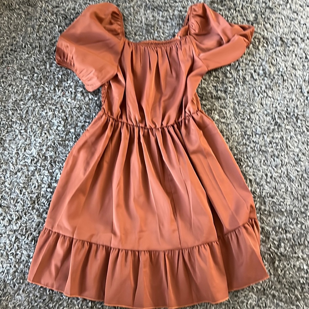 SHEIN Rust Orange Puff Sleeve Midi Dress